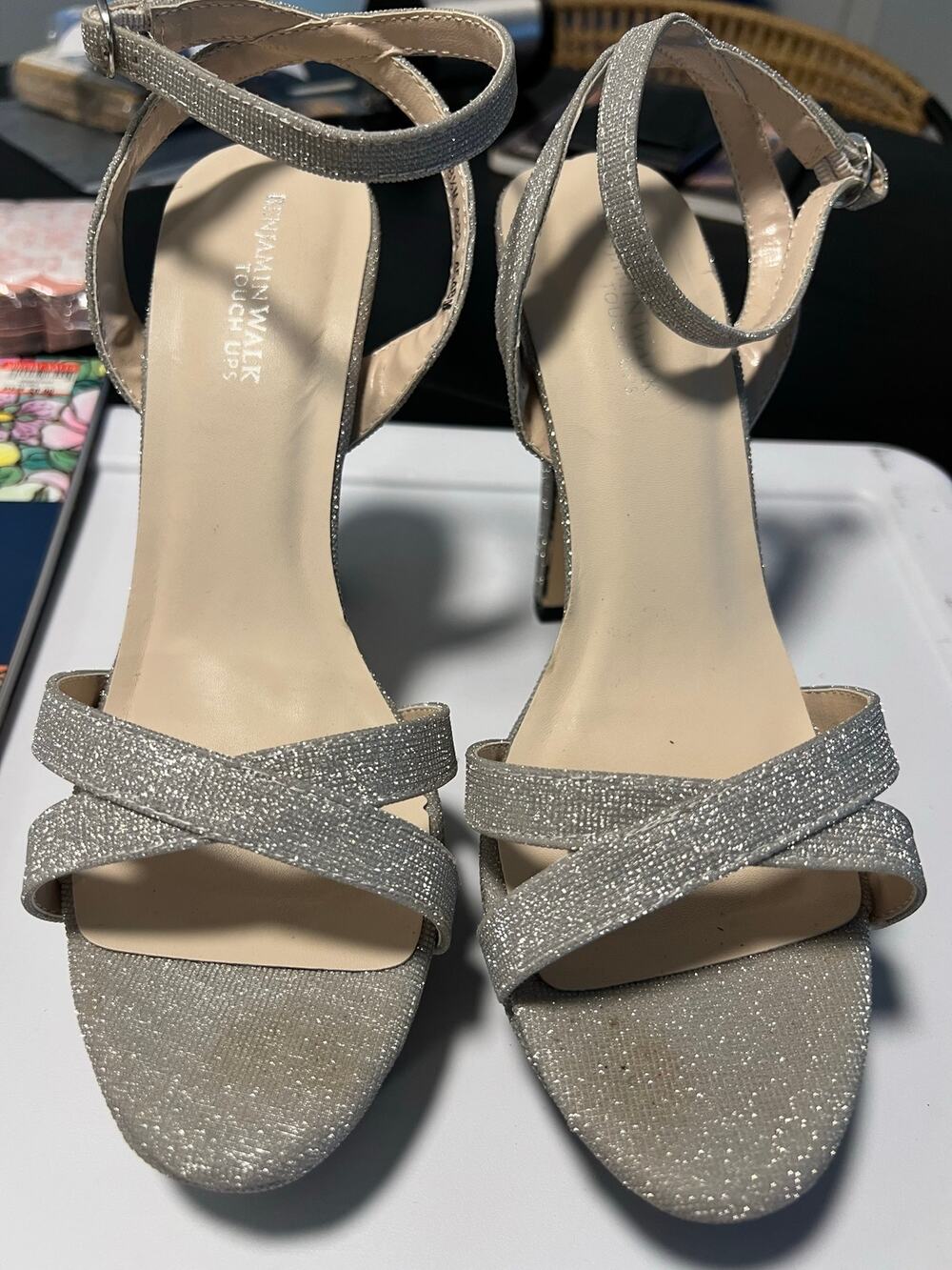 Benjamin Walk Women’s Silver Glitter Strappy High Heel Sandals Ankle Strap 8.5
